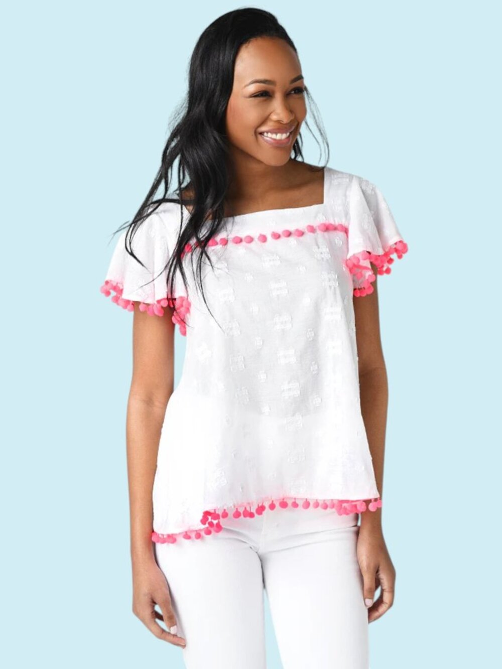 Sail to Sable Flounce Sleeve Pom Pom Top Tunic Size Large White Coastal Resort